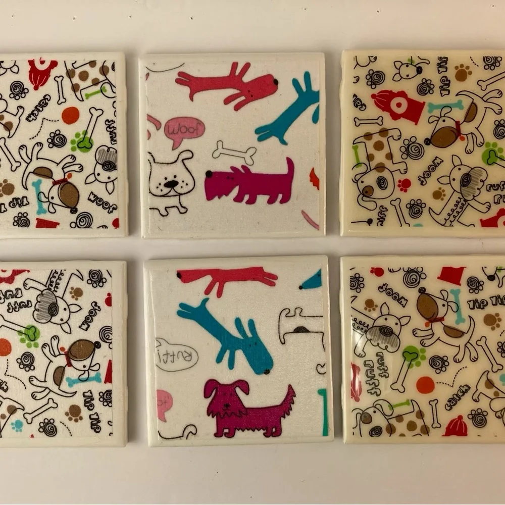Dog Pattern Ceramic Coaster Set of 6 Dog Ceramic Art Tile Handmade Decoupage